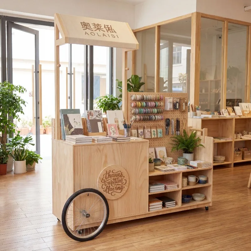 Solid wood mobile market stall cart, night market stall snack cart merchandise jewelry mobile sales display cart