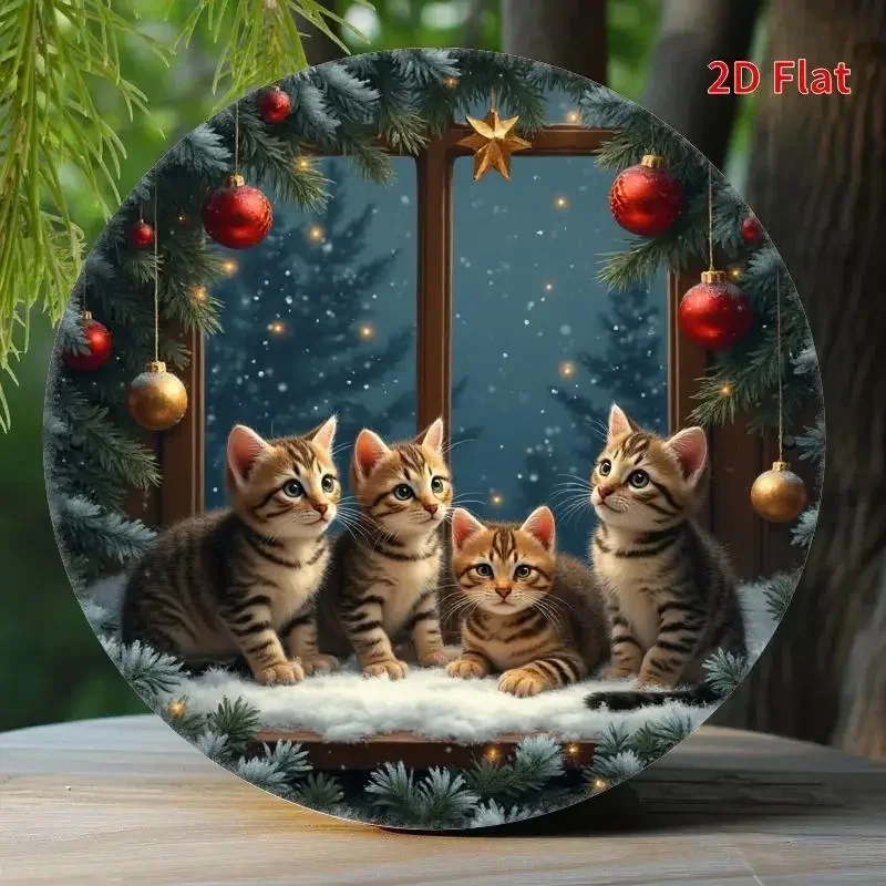 Panneau rond en métal avec chat de Noël festif, décoration vibrante et paisible pour le salon, décoration de chat, parfait pour la décoration de la pièce