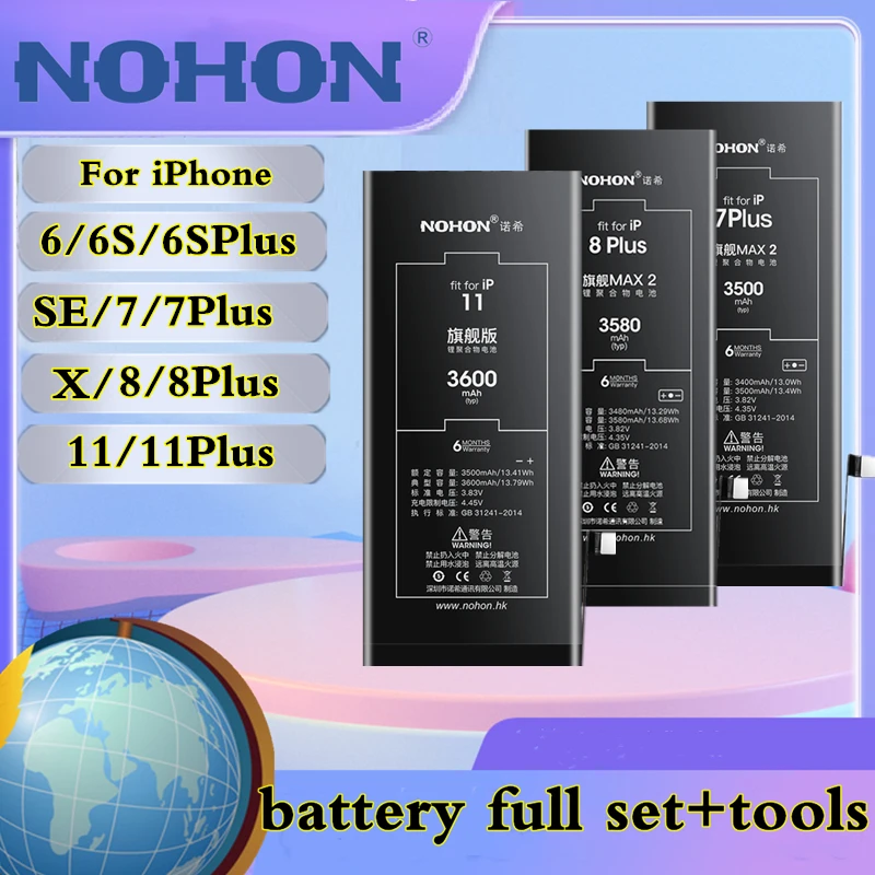 NOHON-batería de alta capacidad para iPhone 6, 6S, 7, 8 Plus, X, SE, SE2, SE3, 11 Plus, herramientas gratuitas