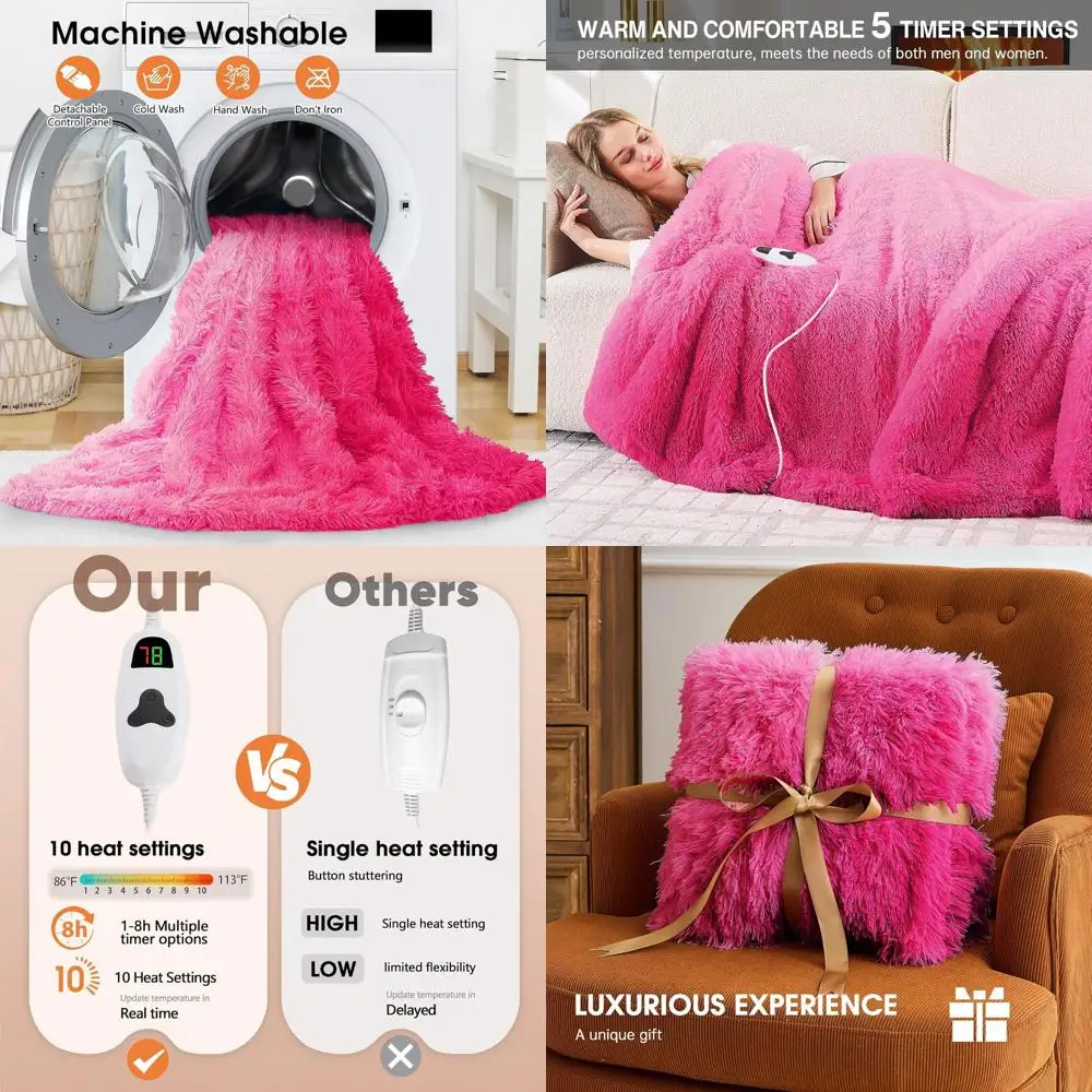 

Twin Size Electric Blanket with Faux Fur, 10 Heat & 5 Timer Options, Fast Warming, 62x84, Rose Red - Perfect Winter Gift for Wom