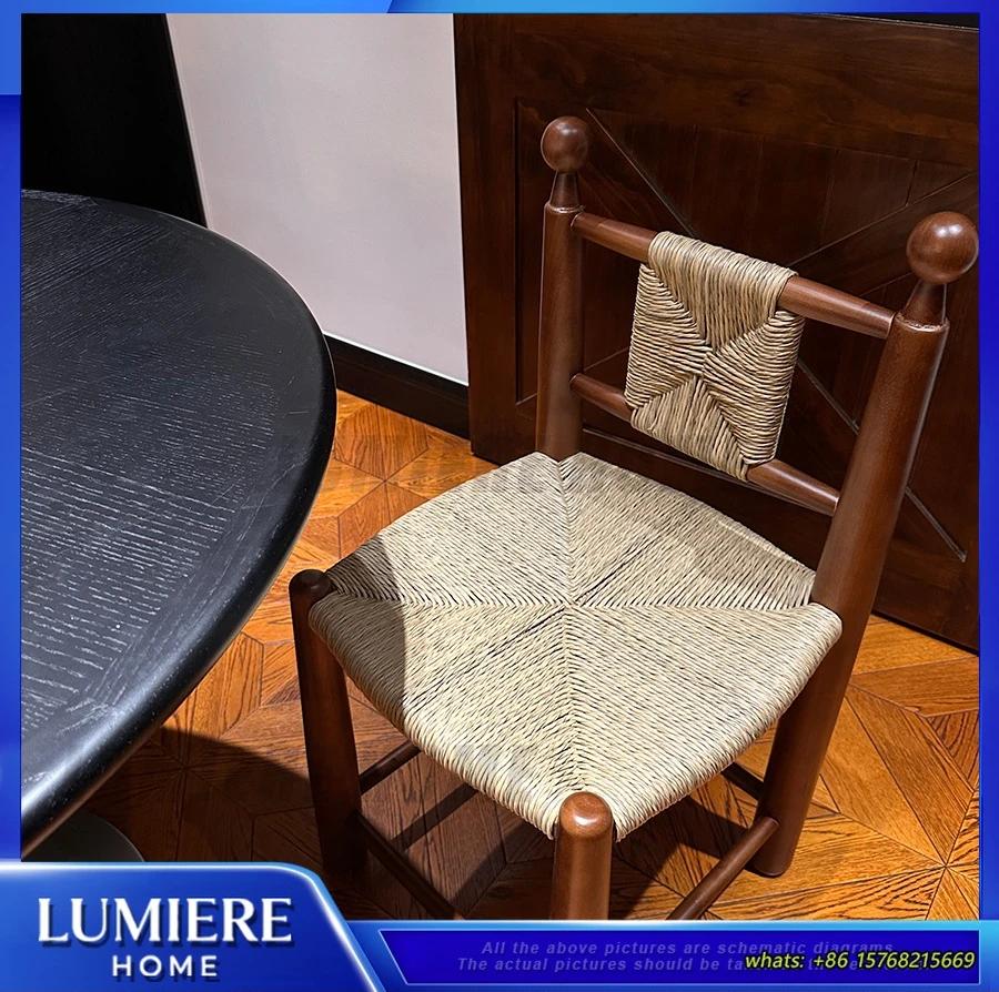 Vintage Rattan Dining Chair Solid Wood French Style Retro Cafe Chair for Living Room Study Hotel Use Comfortable Mid Century