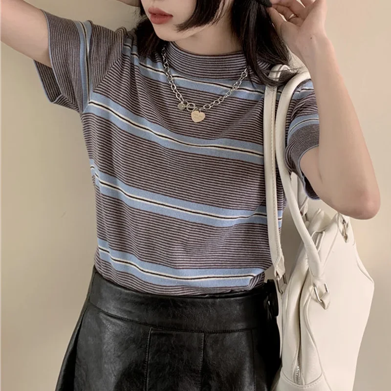 

Sleeve Patchwork Striped Casual Knit Tops New Summer Female O Neck Slim Thin Simple Tees T-Shirts Womens Knitting T Shirt Short