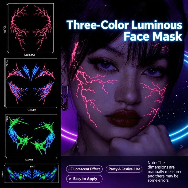 1PC Glow In The Dark Halloween Face Tattoo Stickers Fluorescent Lightning Full Face Stickers for Cosplay Party Decor