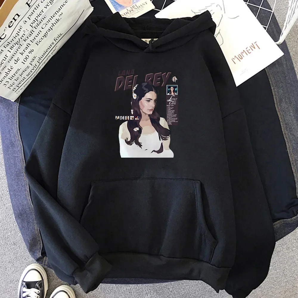 Singer Lana Del Rey Printing Hoodies Casual Long Sleeve Men Sweatshirts Cartoon Winter Pocket Fleece Pullovers Male Winter Hoody