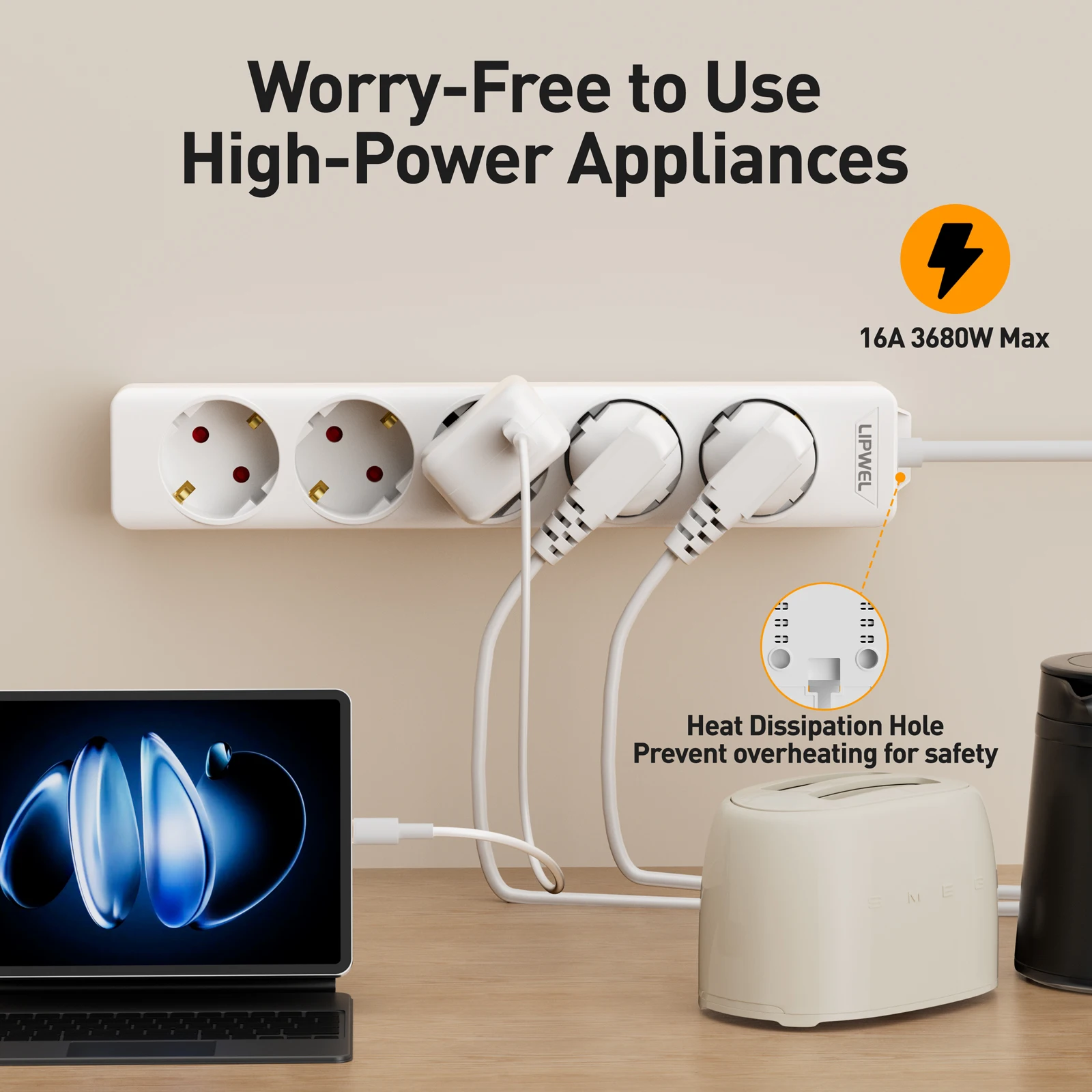 شريط طاقة بمقبس أوروبي من الأسلاك النحاسية السميكة، موزع طاقة متعدد المنافذ مع أحجام مقابس مختلفة، حل طاقة موثوق به