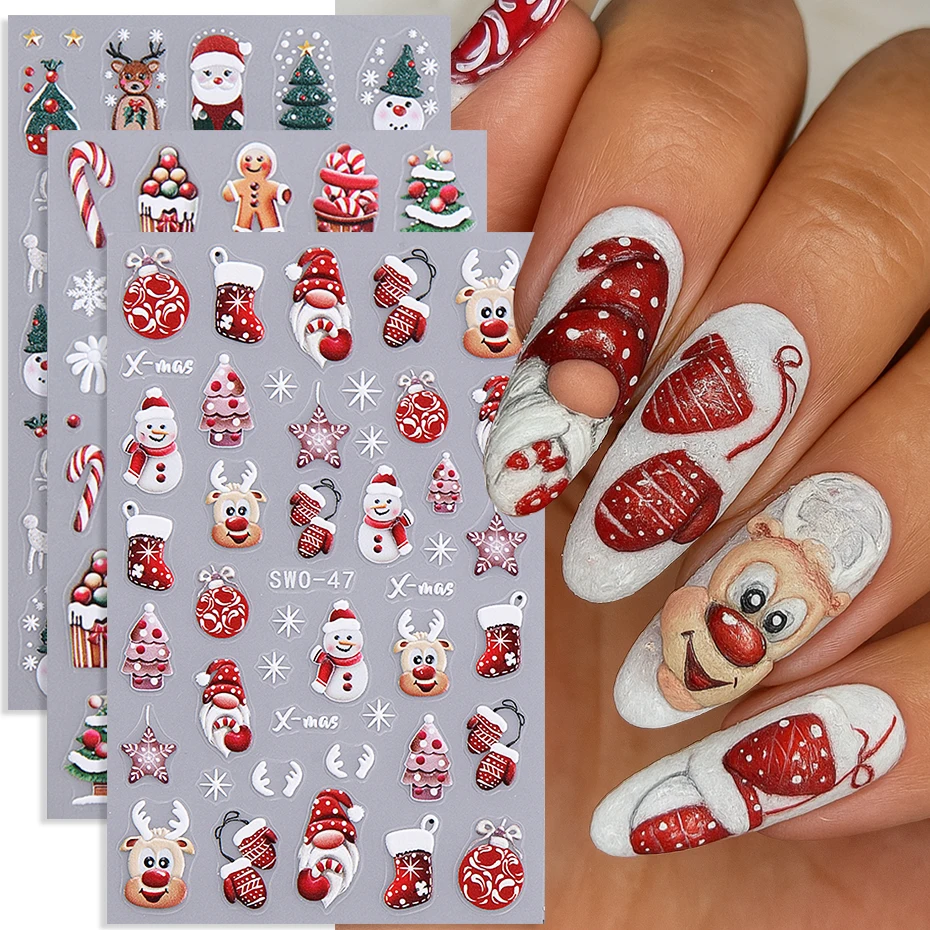 2/3pcs Christmas Embossed Nail Stickers Snowman Gingerbread Man Snowflake Gloves Nail Decals Winter DIY Nail Supplies Decoration