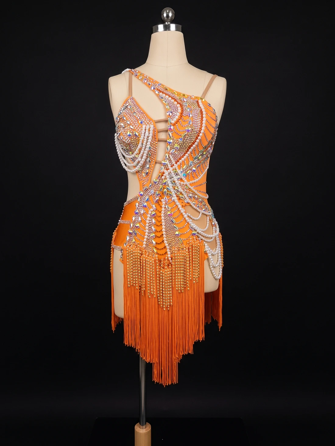Latin Dancer, Adult, Children's High-End Customized Pearl String Dress, Black Pool AB Stone Practice Race Dress