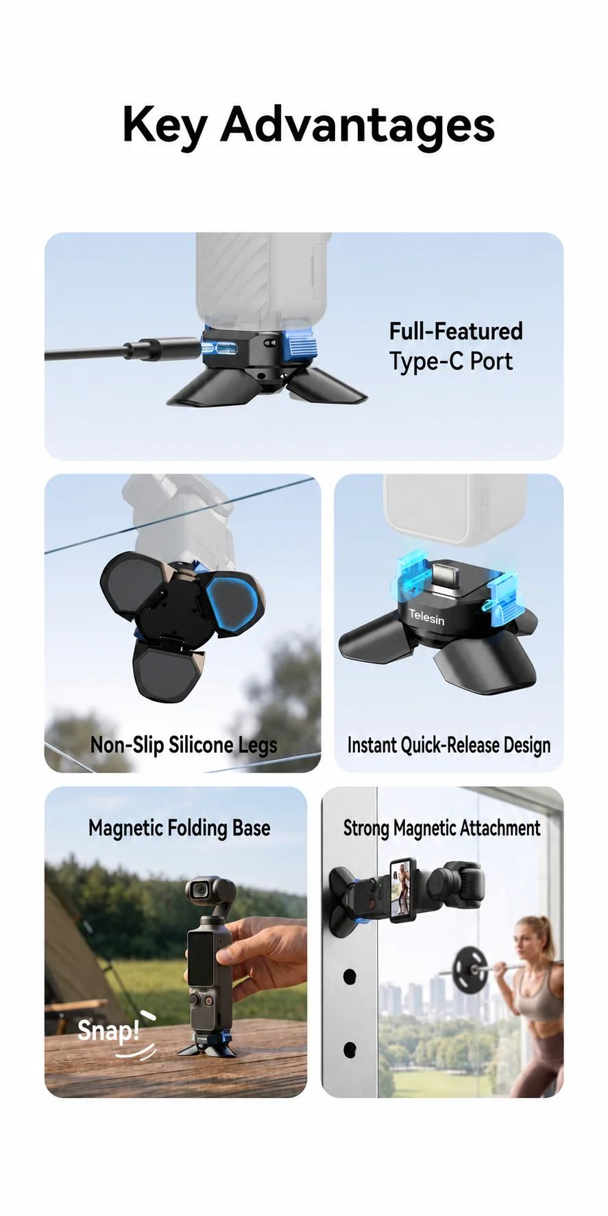 TELESIN Mini Magnetic Tripod for DJI Osmo Pocket 4/3 Base Type-C Charging Adapter Release Camera Stand Mount Holder Stand