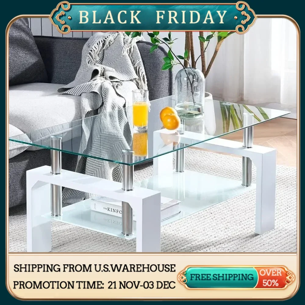 

Living Room Rectangle Coffee Table, Tea Table Suitable for Waiting Room, Side Coffee Table, Glass Tabletop with Lower Shelf