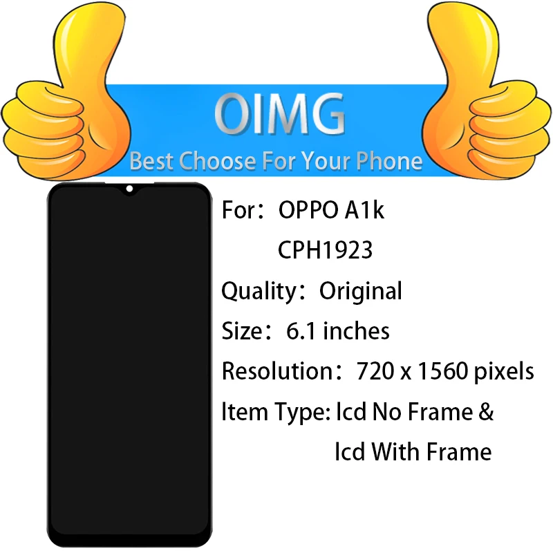 6.1\'\' For Oppo A1k  LCD Original Display With Frame Touch Screen Digitizer Assembly Replacement Parts  CPH1923