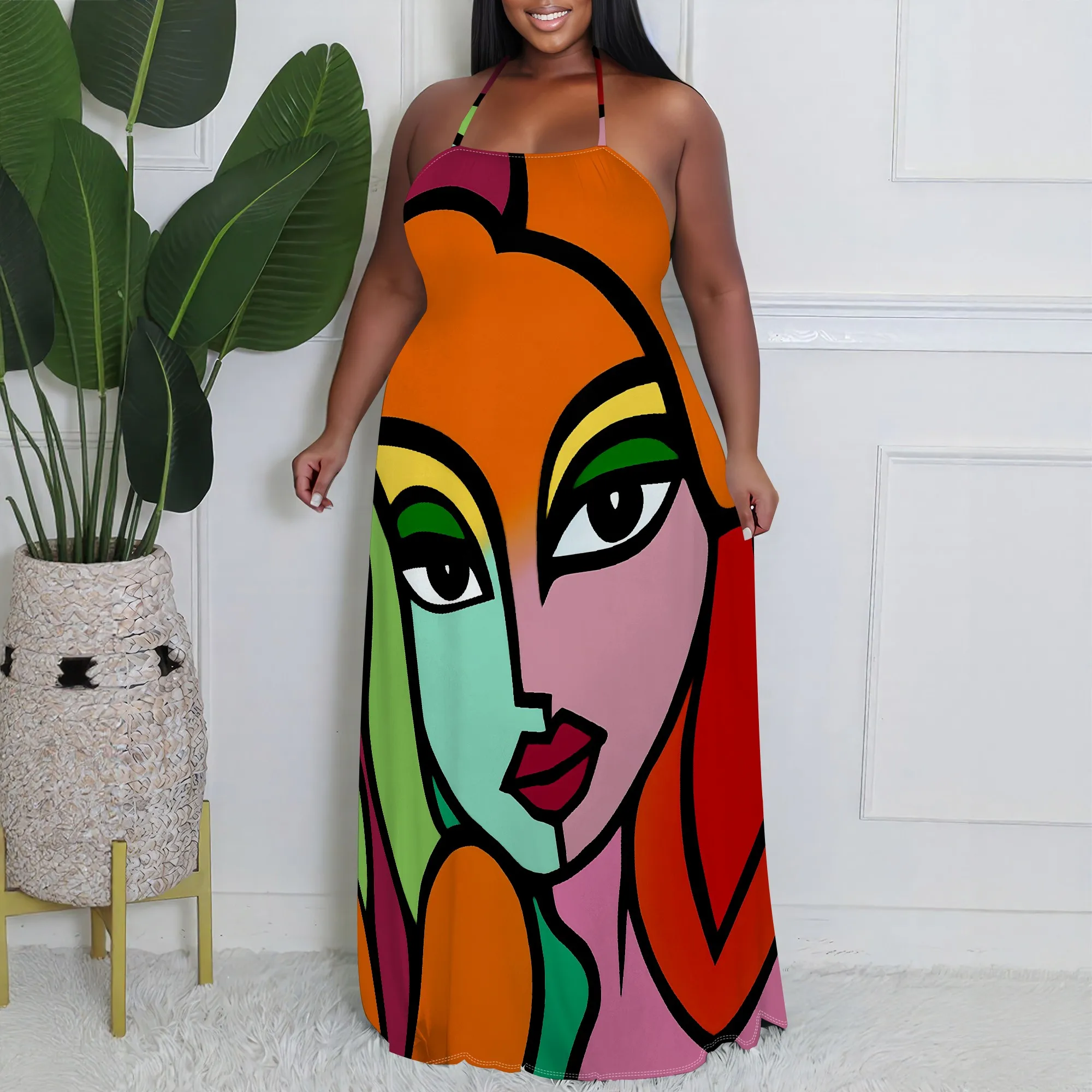 

Colorful Abstract Face Print Halter Maxi Dress XL-6XL Sleeveless for Art Show, Summer Party or Festival Look
