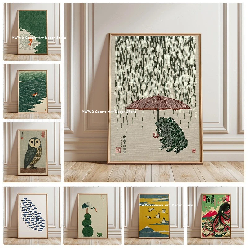 Japanischer Frosch mit Regenschirm & Seeschiff Leinwanddruck Minimalistisches Mid-Century Bluebird Tier-Wandkunst-Poster für moderne Heimdekoration Geschenk