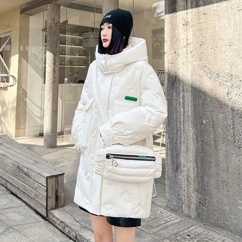 2023 neue Frauen Daunen jacke Wintermantel weibliche mittellange Version Parkas lose dicke warme Outwear Kapuze Mode Mantel