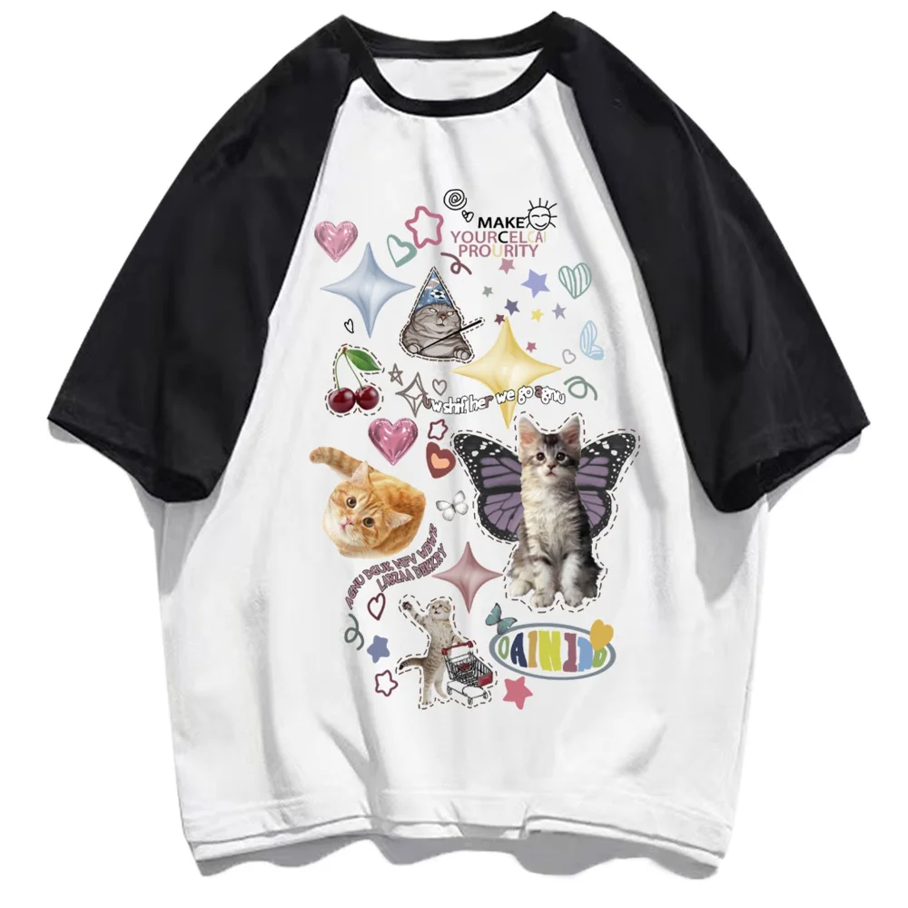 Vintage Cartoon Cats Animal Printing T Shirts Teenage Preppy Kawaii Tee American Style Summer Cotton Tops Korean Fashion Brand