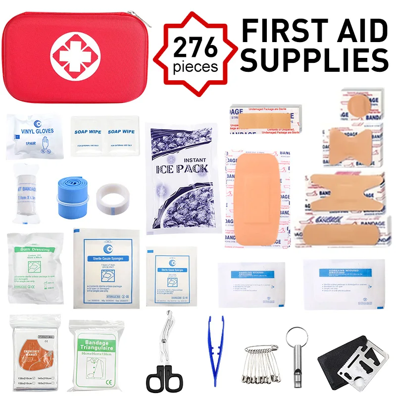 Hard-shell medical kit, suitable for travel, camping and emergency survival kits, including scissors, whistle, etc. Red/Black