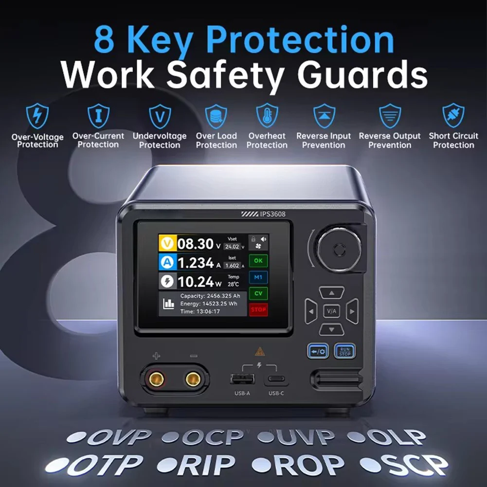 IPS3608 36V 8A Smart Lab Tool With Curve Display, USB-A And Type-C PD/QC Fast Charging, And Eight-Level Protection