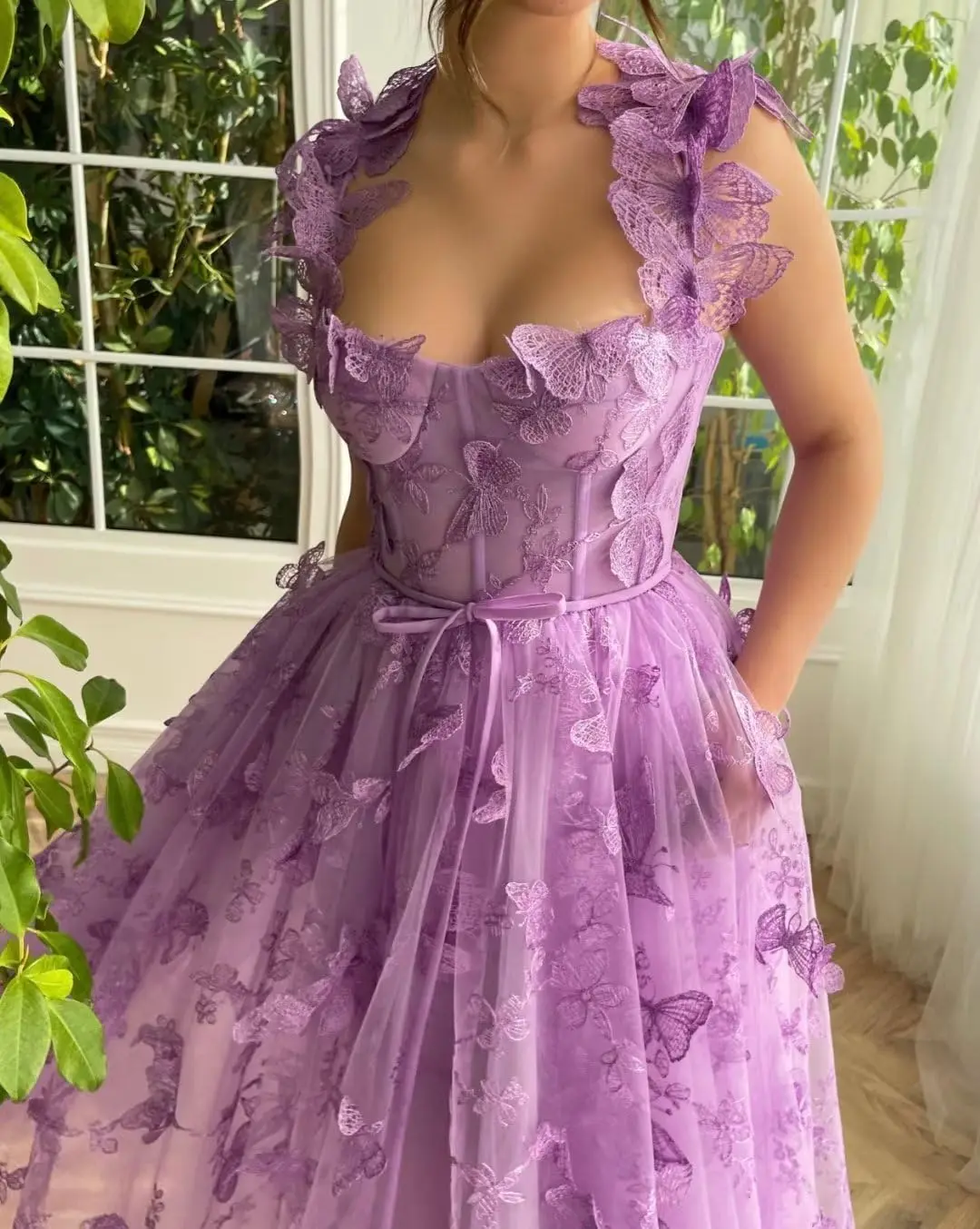 Vestido de tornozelo bordado borboleta 3D, Lace Applique Tulle Prom Dresses, Vestido de festa formal querida