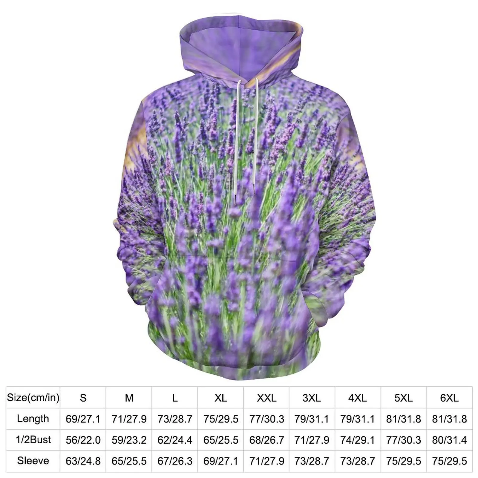 Lavender Fields Casual Hoodies Garden Flowers Print Loose Hoodie Men Long Sleeve Kawaii Graphic Hooded Sweatshirts Plus Size