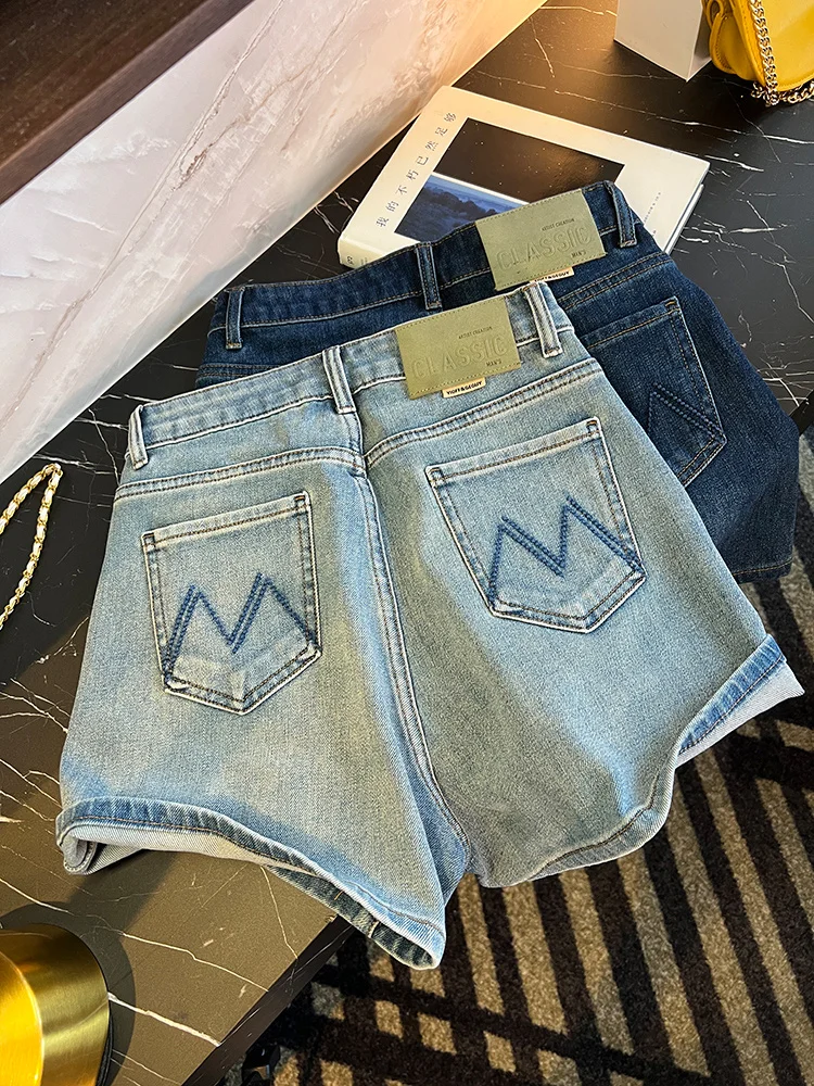 Hohe Taille, weites Bein, Denim, Damen, Sommer, Übergröße, schlankmachend, klein, A-Linie, elastisch, schlankmachend, Hotpants, Stickerei