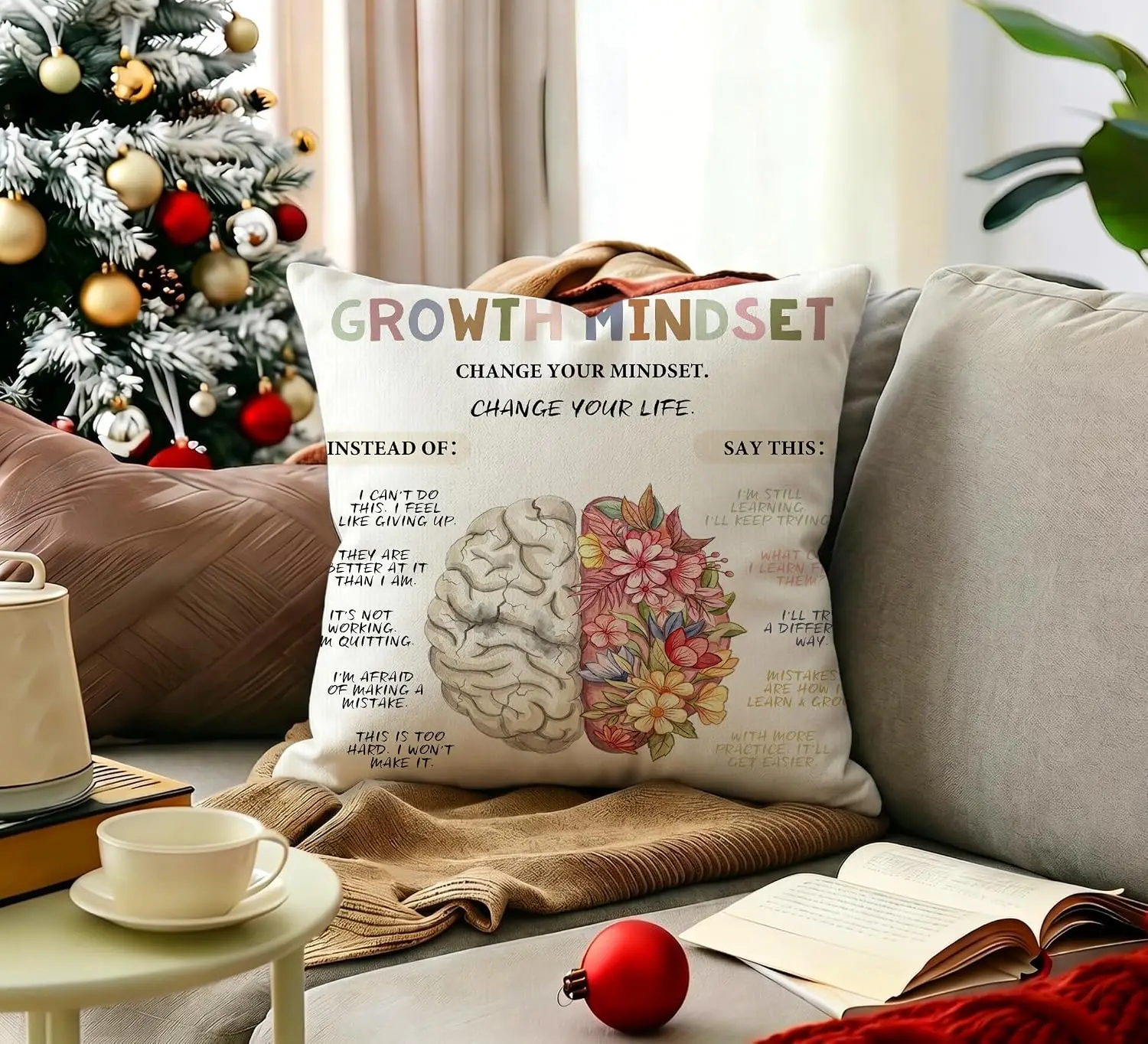 Growth Mindset Pillowcase 45x45cm Motivational Cushion Cover Affirmation Decor Inspirational Gift for Bedroom