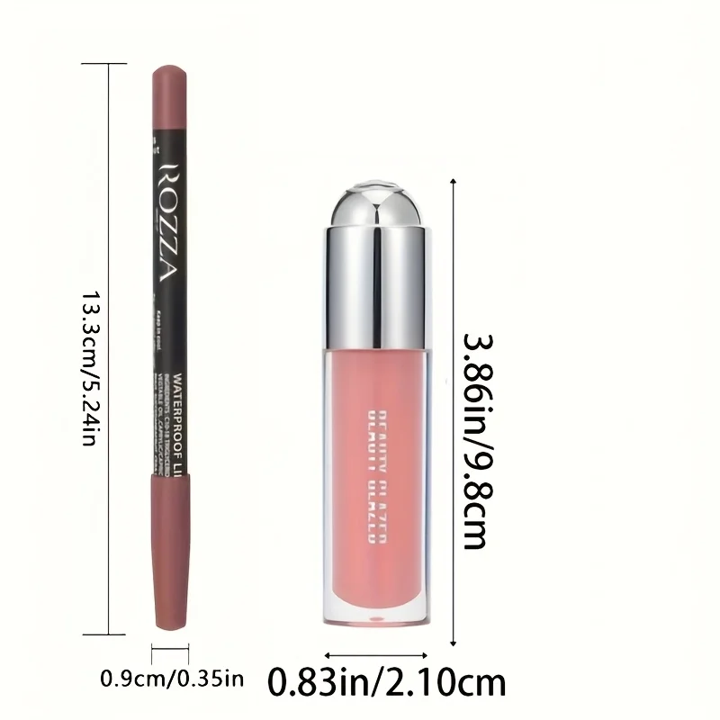 2Pcs Lip Gloss & Lip Liner Set Lip Kit Natural Nude Lip Glow Waterproof Longlasting Lip oil Liquid Lipstick Lip Liner Combo