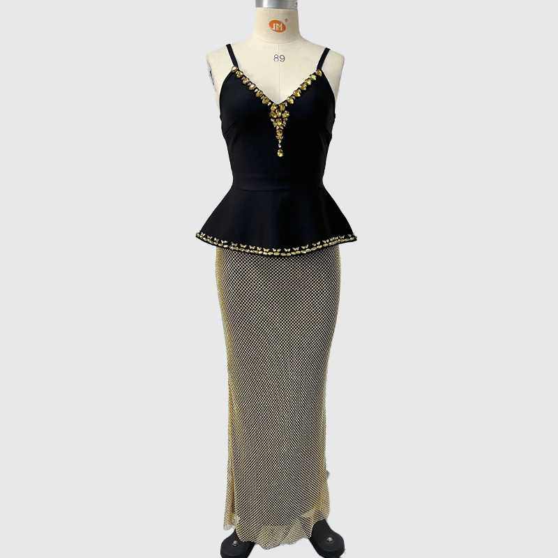 Party Chic Style Black-Gold Spaghetti Strap Two-Piece Set Sexy Maxi Dress Date Night Galas Evening Gown