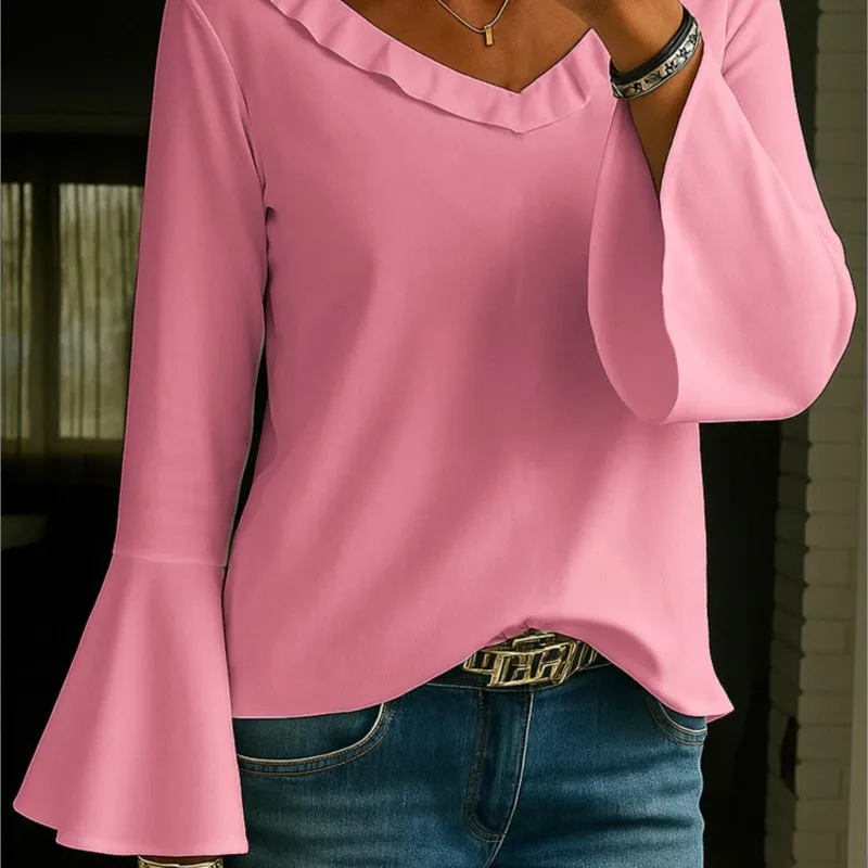 

Fashionable Women's Casual Tops Solid Color Versatile Spring Autumn Casual Commuting Style Clothes Long-sleeved V-neck Clothing