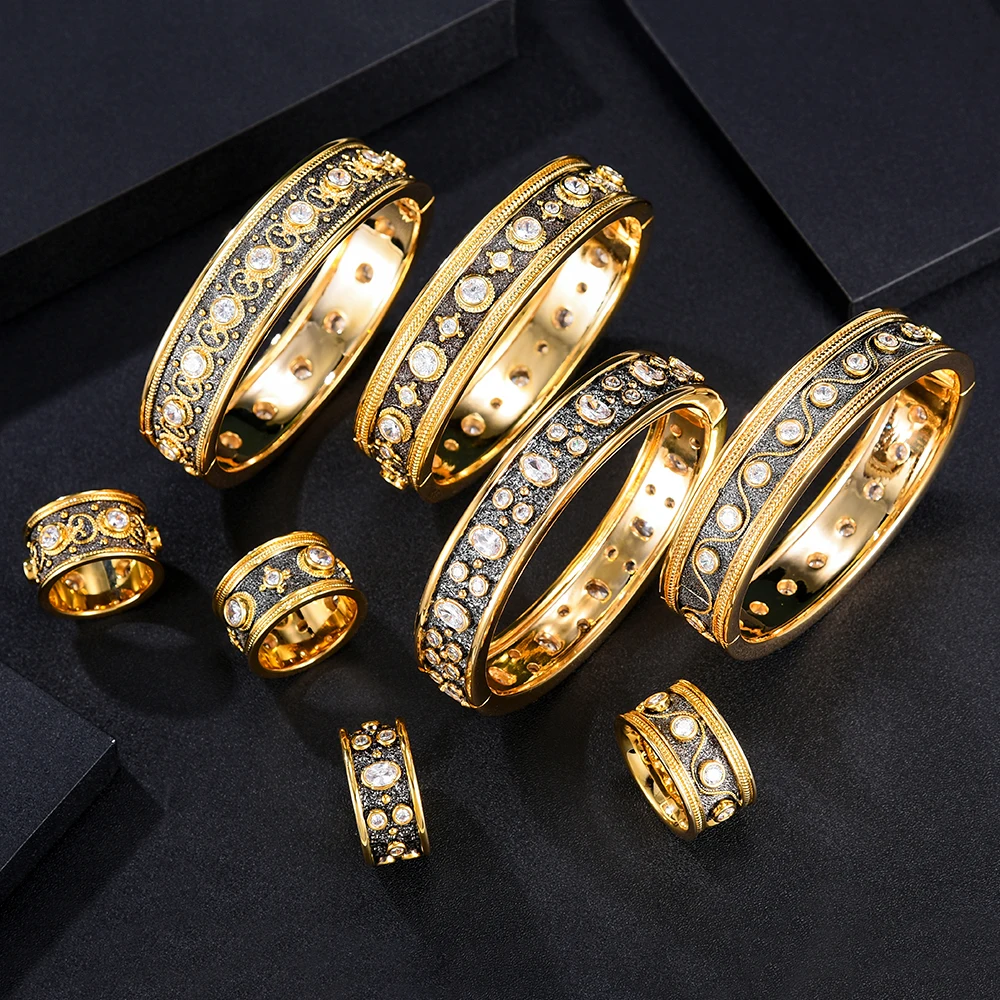 

JImbora Luxury Ethnic Stackable Black Carving Bangle Ring Jewelry Sets For Bridal Wedding High Quality Original Design
