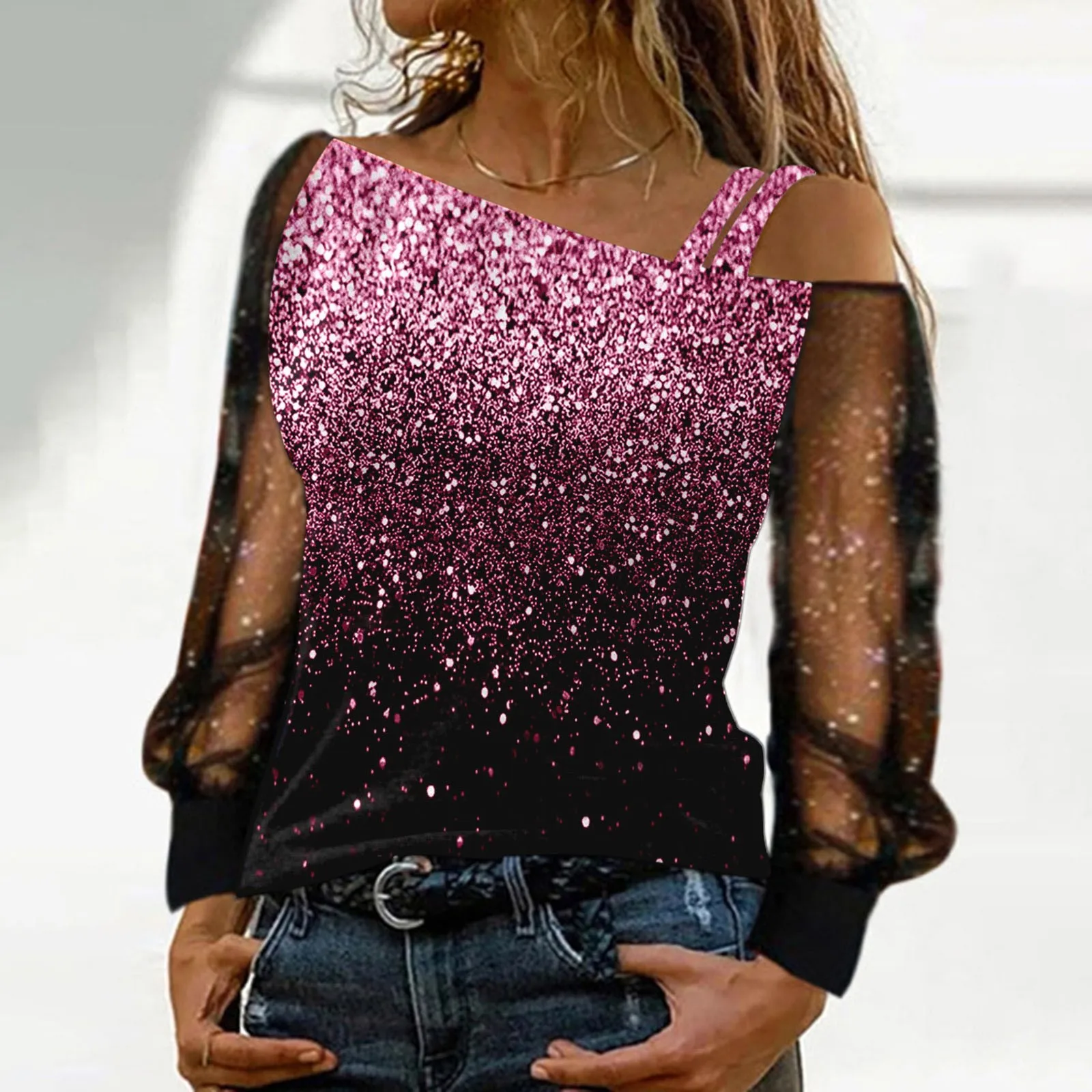 Print Women Mesh Off Shoulder T Shirt Long Sleeve Spliced Blouse Tops Christmas Party Wear Shiny Tee Top Street Clothes Women