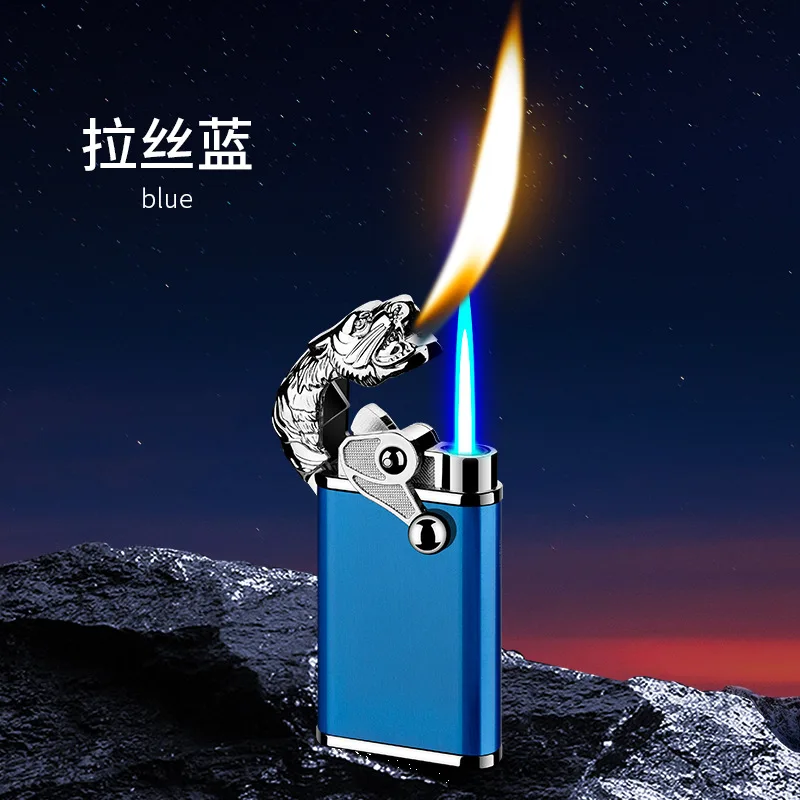 Tiger king inflatable windproof lighter creative straight blue flame and open flame double fire ultra-thin metal men\'s lighter