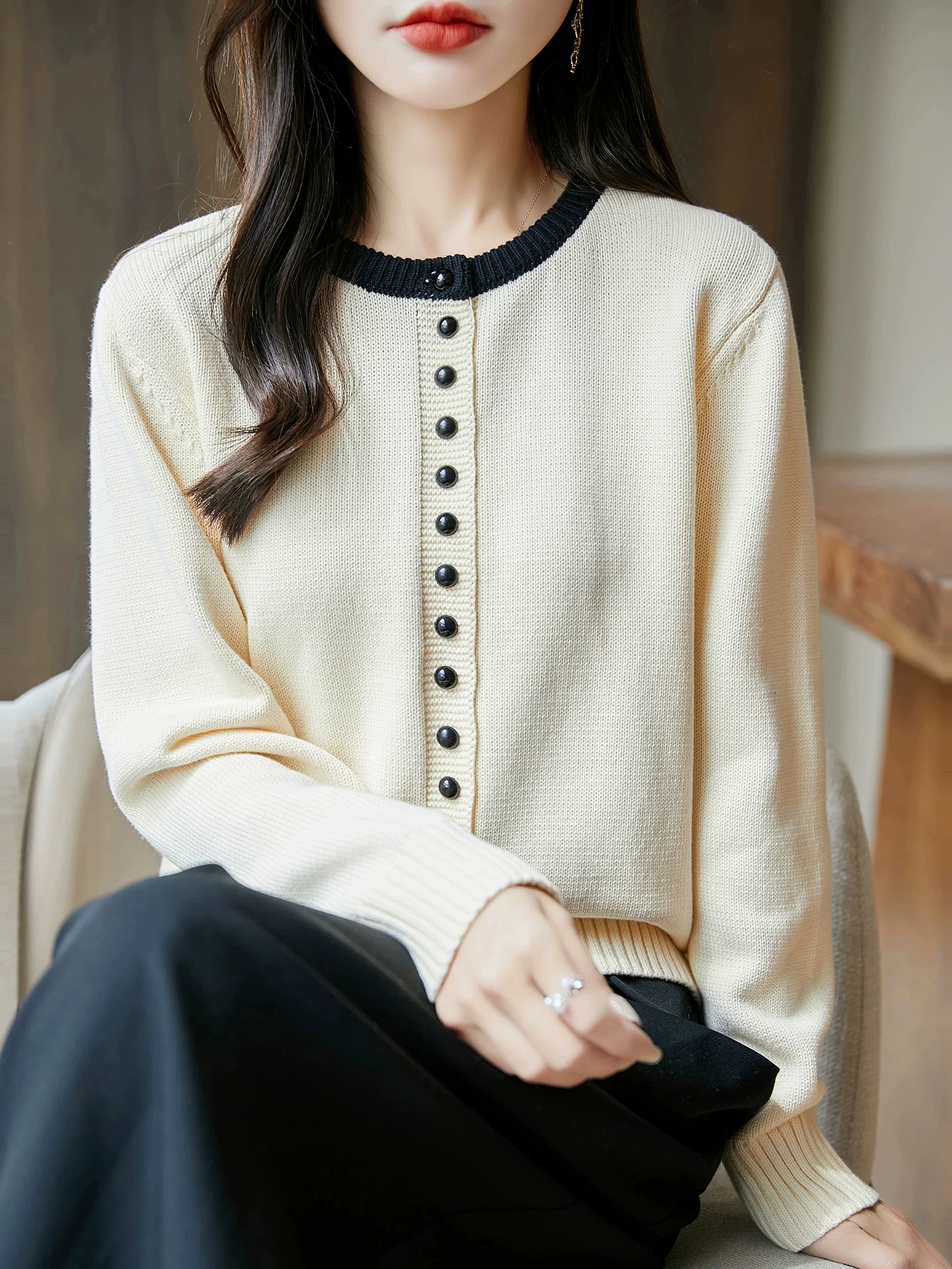 Autumn Winter New Pure Cotton Knitted Open Cardigan Women's round Neck Spliced Color Fashion Korean Loose Versatile Elegance ...