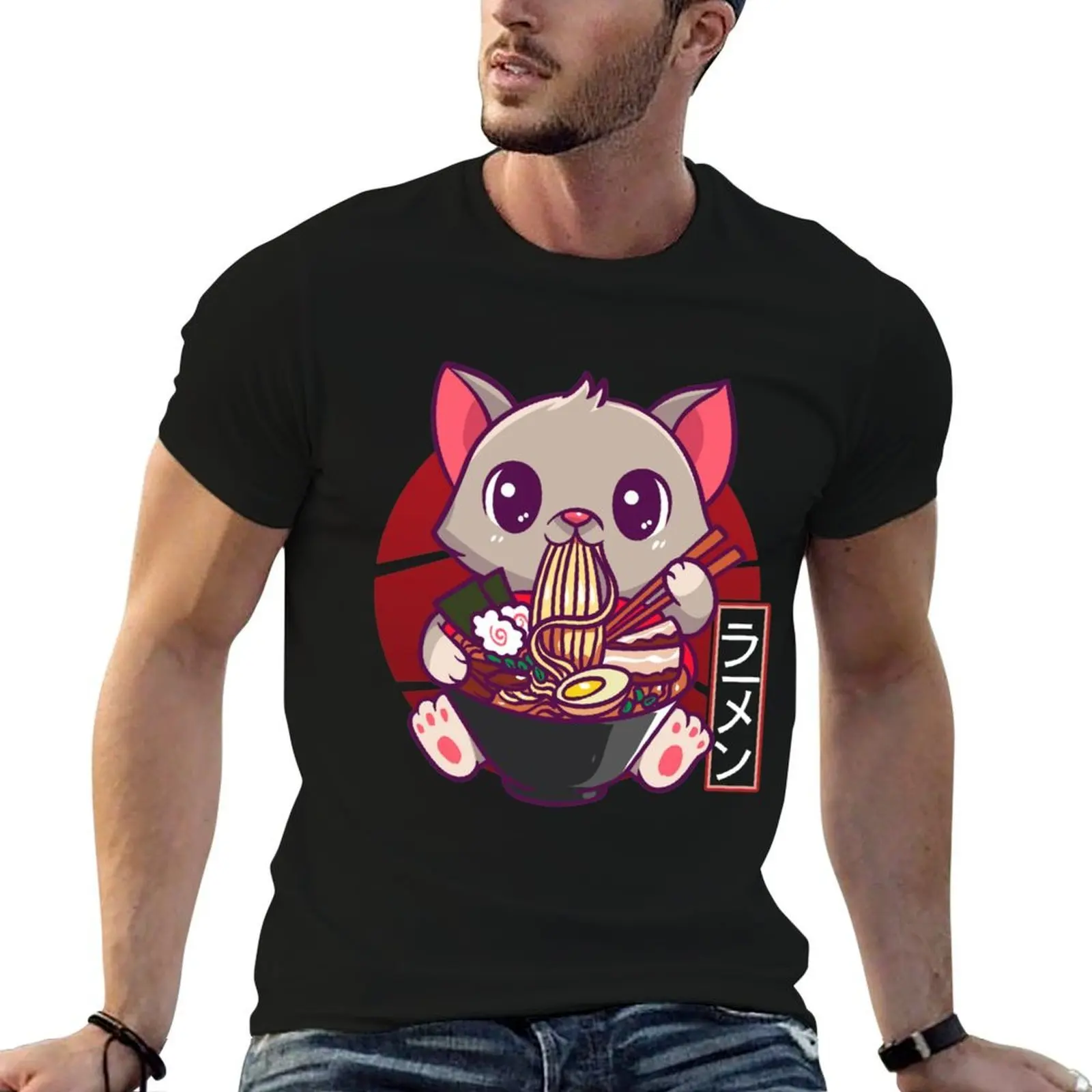 Funny Neko Cat Eating Ramen Noodles Noodle Kawaii Kitten Long Sleeve T-Shirt