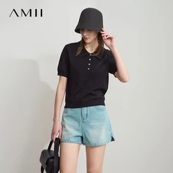 Amii Minimalist Short Sleeve Women's Knitted Pullover 2025 Autumn New Solid POLO Neck Letter Jacquard Versatile Tops 12542136