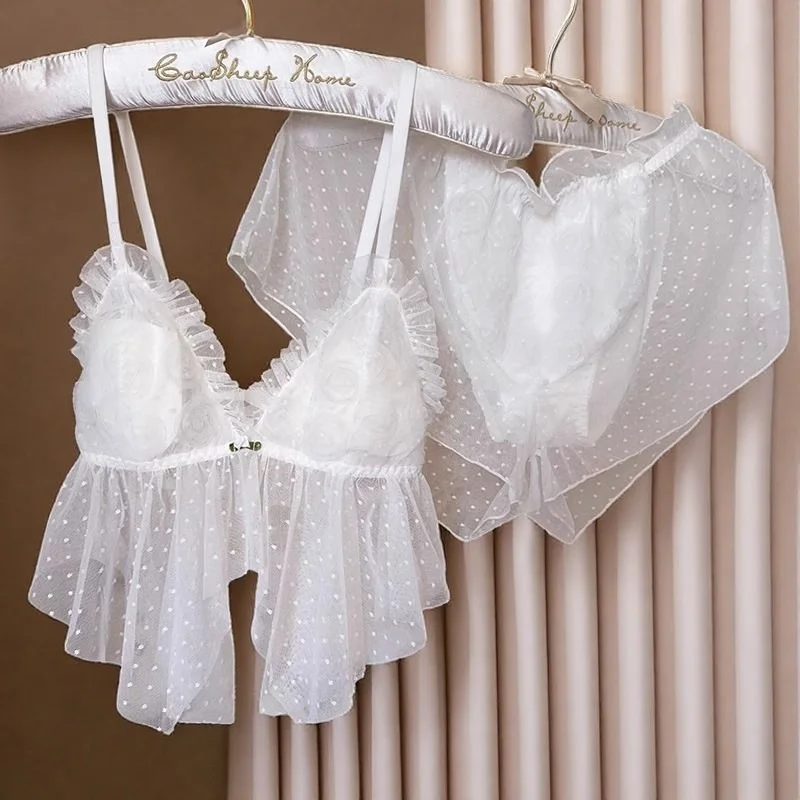 

White fairy rose flowers sexy lingerie lace mesh pajamas home wear bra suit halter with corset Japanese underwear