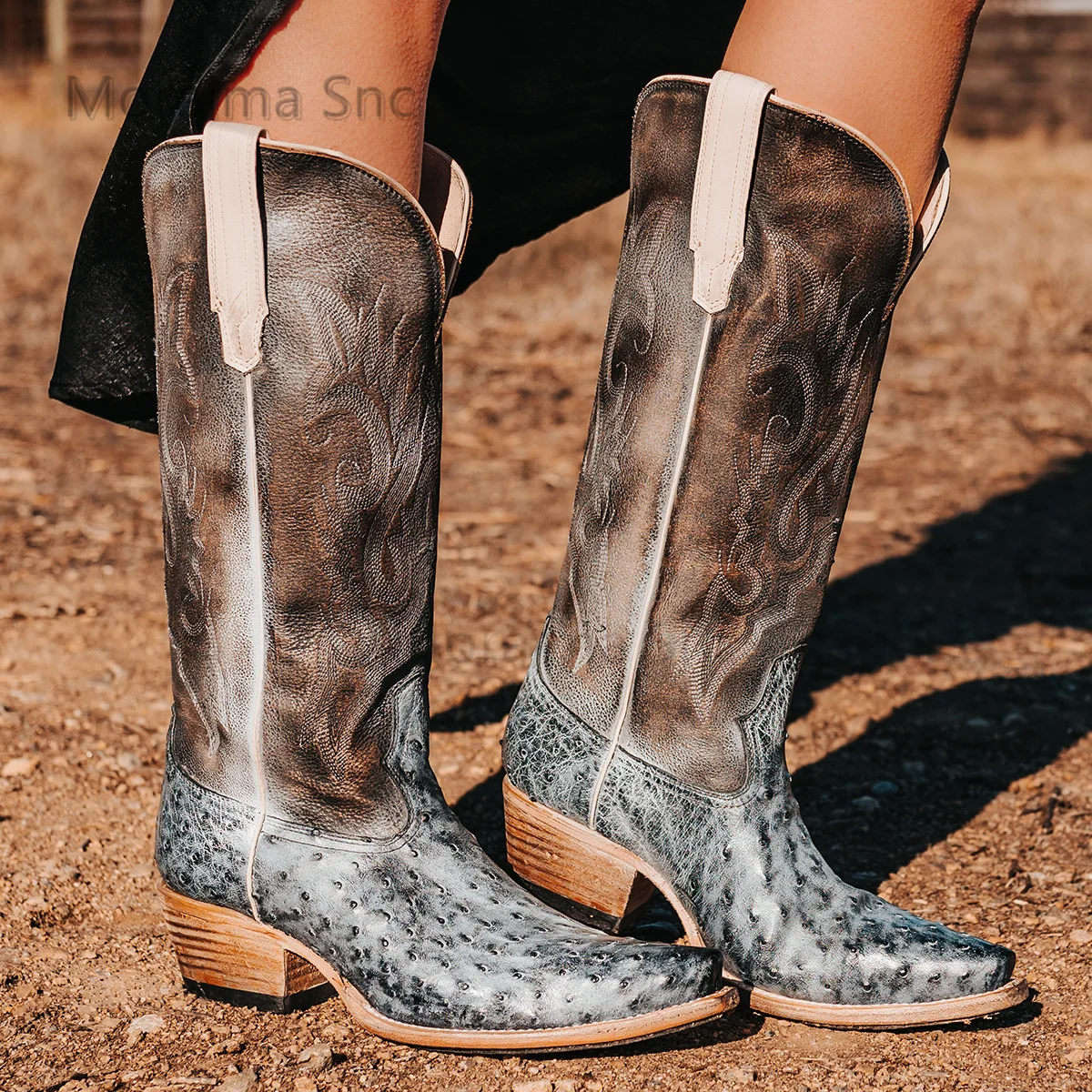 Retro Embroidered Western Cowboy Boots Genuine Leather Knee-High Boots for Women 2023 Slip On Chunky Heels Shoes Knight Boots