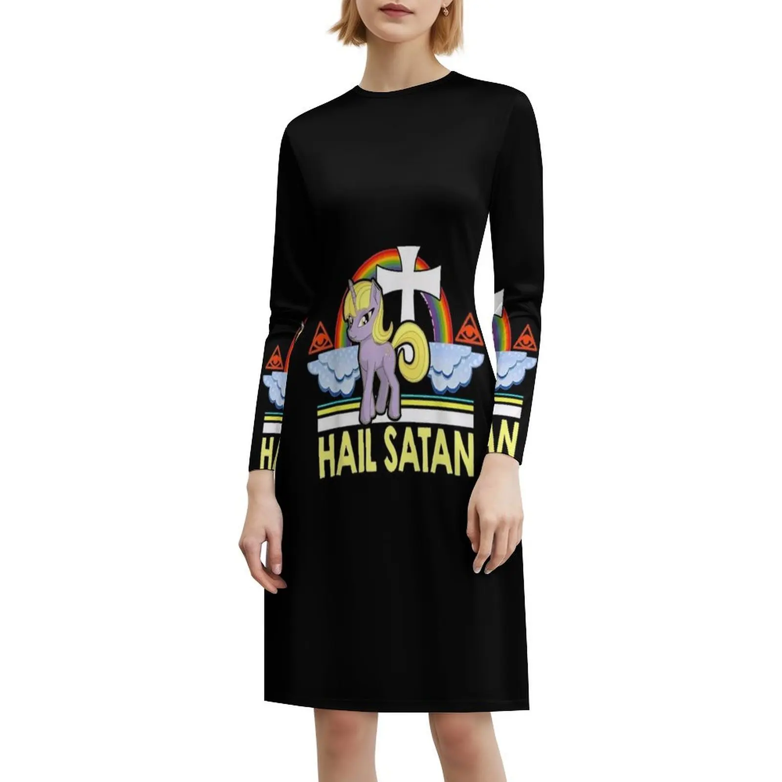 يونيكورن حائل الشيطان الموت المعادن قوس قزح نمط Preppy فستان قصير للنساء ألف خط فضفاض صالح فستان يوم غير رسمي يونيكورن حائل الشيطان