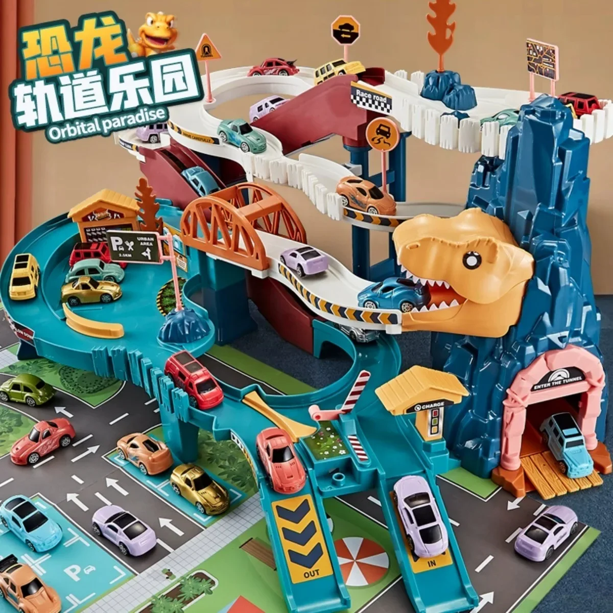 Electric Rail Car Dinosaur Building Parking Lot Adventure Racing Rail Car Toys Children Brain Mechanical Interactive Rail Cars