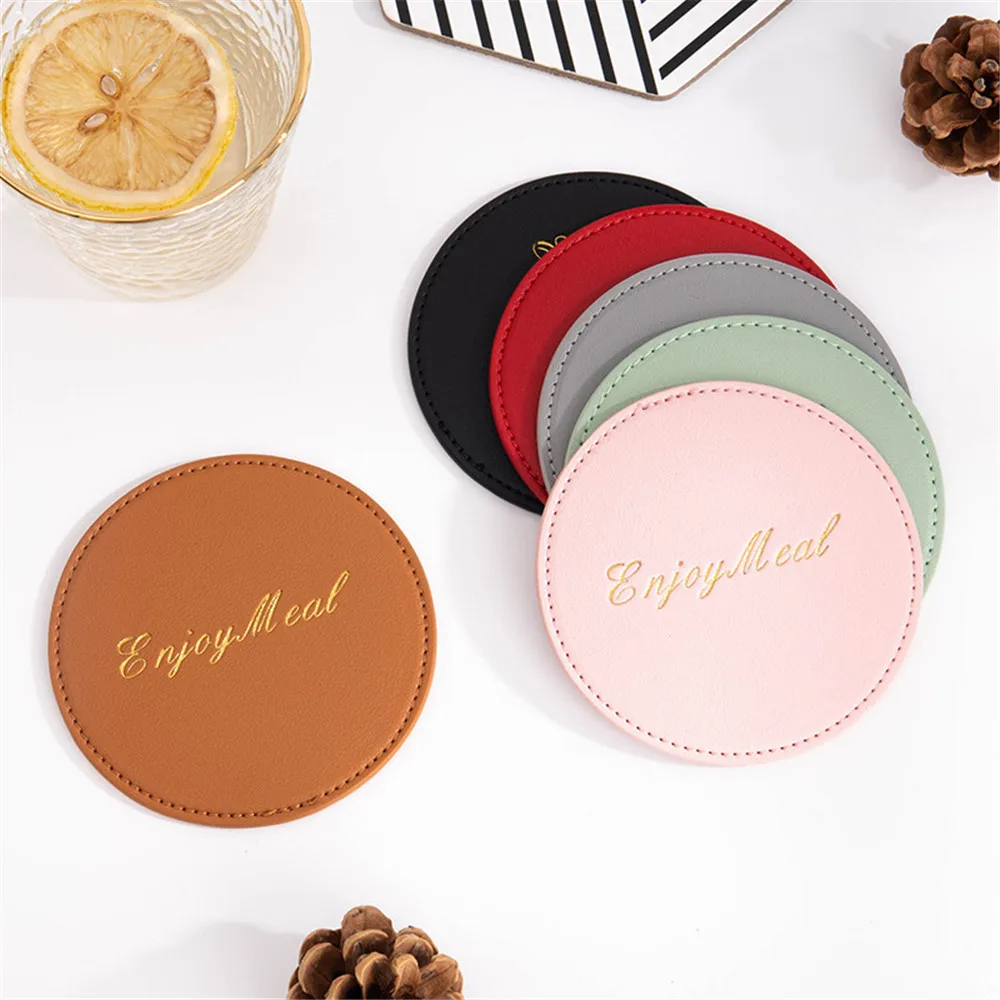 Faux Leather Coaster PU Leather Waterproof Heat Resistant Round Cup Coaster Tableware Insulation Mat Bowl Placement Home Decor