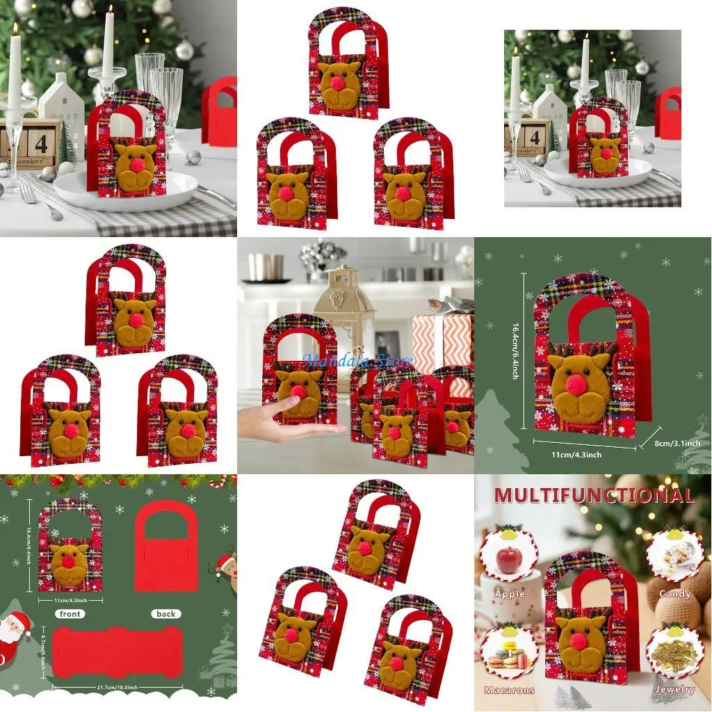 

U2JC Kids Holiday Checkered Hand Bag With Reindeer Design Durable Nonwoven Trick Or Treating Bag Christmas Parties