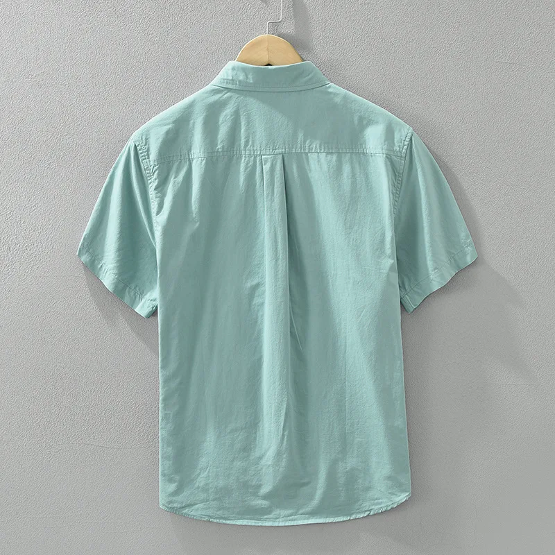 Pure Cotton Solid Color Short Sleeved Shirt For Men's Versatile Casual Artistic Loose Collar Top Japanese Minimalist