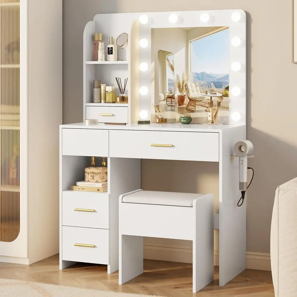 

LED-lit Mirror Vanity Desk with Power Outlet, 3 Lighting Colors, 5 Drawers, 3 Shelves, White Vanity for Bedroom Storage