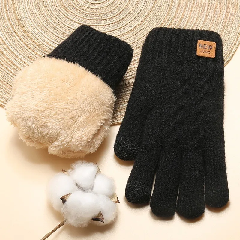 Fleece Lined Wholesale Black Cable Knitted Winter Gloves Warm Fashion Touch Screen Gloves for Men Women Outdoor Cycling
