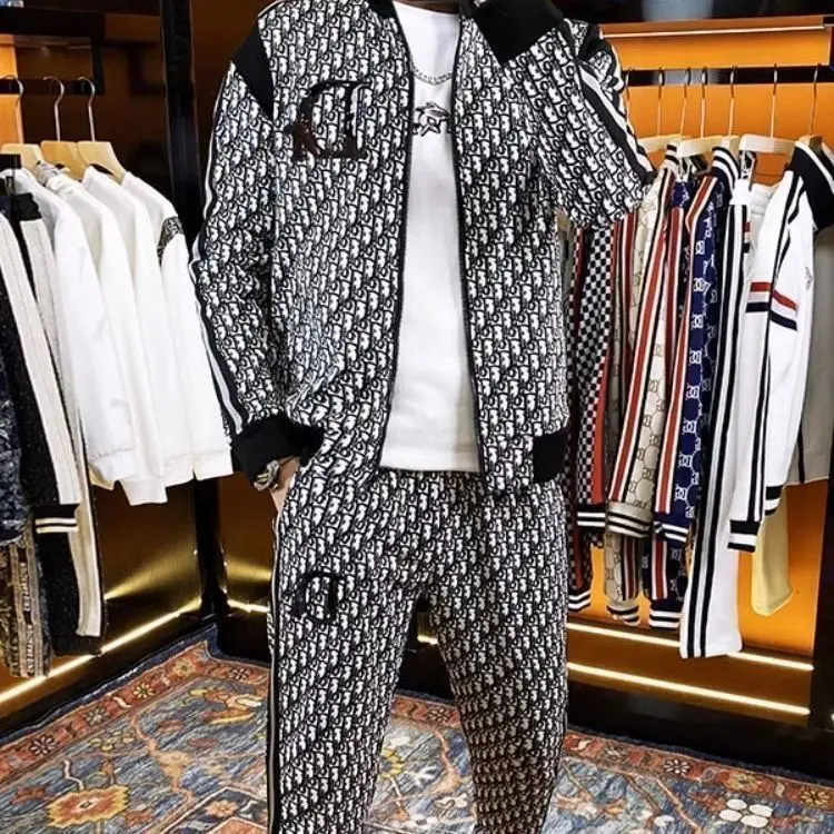 

Men's fashion spring suit new versatile loose stand-up neck cardigan long-sleeved slim-fit alphabet casual pants two-piece set
