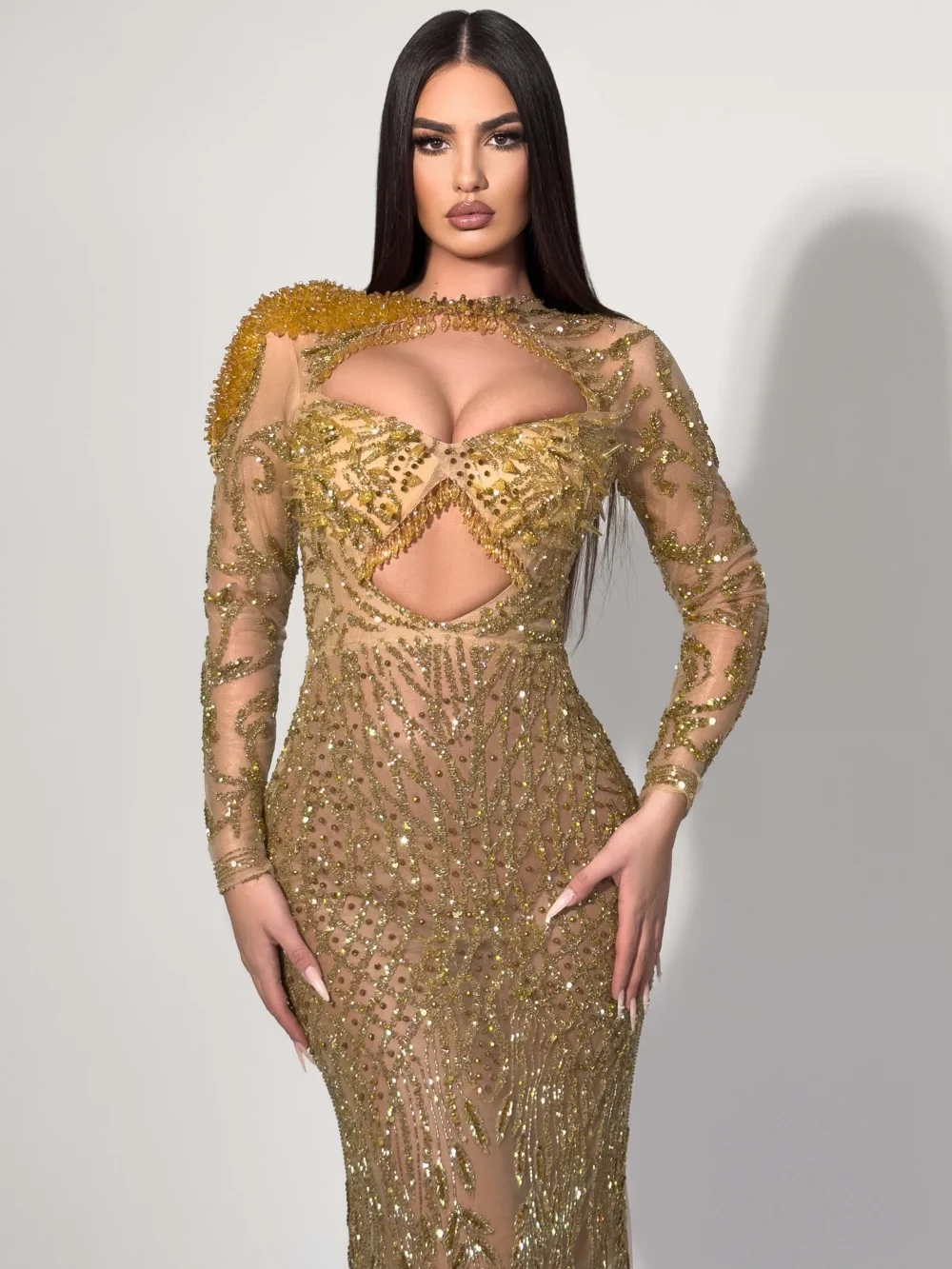 Fashion Golden Beaded Evening Dress Sheer Mesh Long Sleeve Wedding Party Gown New Customized Luxury Mermaid Long Banquet Gow