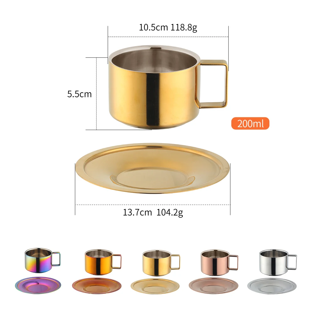 Creative Stainless Steel Coffee Mug Cafe Cups Tableware Double Wall Tea Cup With Saucer Spoon Simple Set for Home Kitchen Party