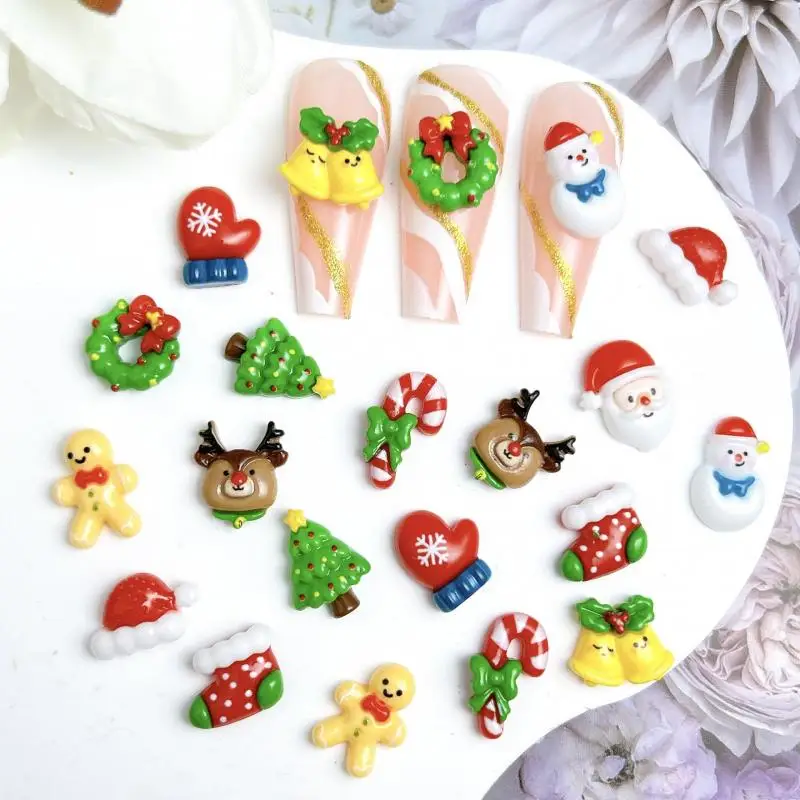 20 piezas Kawaii serie navideña de resina para decoración de uñas, dijes de dibujos animados de Papá Noel, muñeco de nieve, guantes simulados, campana, decoraciones para uñas DIY