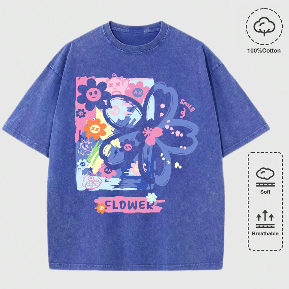 

Flower Creative Graffiti Prints Men Washed T Shirts Cotton All-Match T-Shirt Casual Loose Tops Summer Crewneck Soft Streetwear