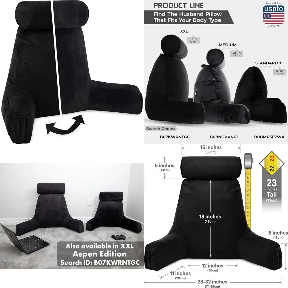 وسادة سوداء مستقرة متوسطة الحجم ومريحة للغاية مع أذرع لقراءة الجلوس ومسند السرير، لفة رقبة قابلة للفصل لـ Premium S