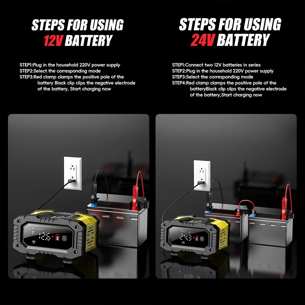 FOXSUR 12 В 24 В портативное автомобильное зарядное устройство для Lifepo4 AGM свинцово-кислотные батареи мотоцикла грузовика с автоматическим импульсным ремонтом