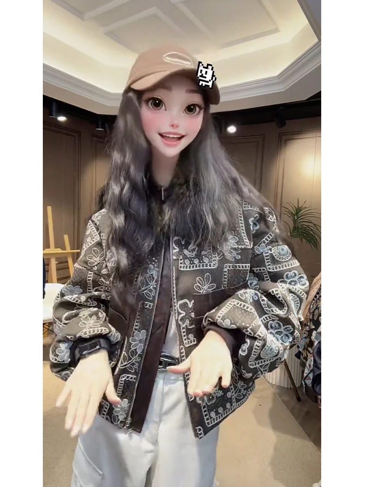 Damska, codzienna, bawełniana kurtka z ociepleniem, patchworkowa, zimowa, ciepła, rekreacyjna, zapinana na zamek, z kwiatowym wzorem.